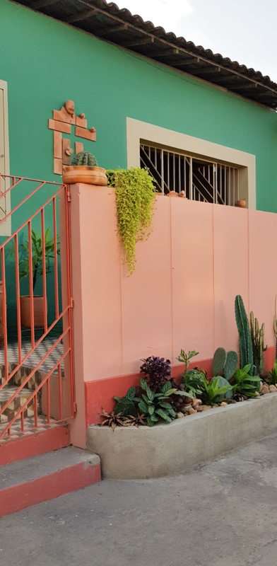 Fachada verde, muro rosa, floreira e janela de ferro | Cores Barro Vermelho, Mousse de Goiaba e Serra Gaúcha Suvinil
