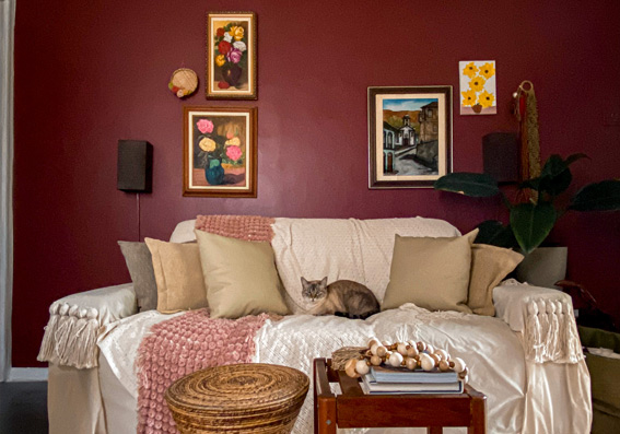 sala com parede vermelha brilhante com puffs marrons e gato representando cores de tinta semi brilho